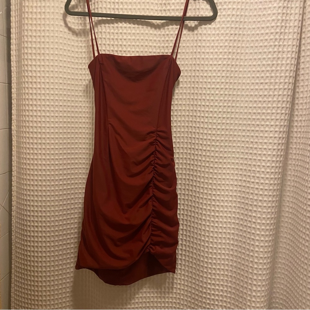 Tiger Mist Annika Lace-Up Open Back Ruched Dress in Color Rust - Picture 3 of 3